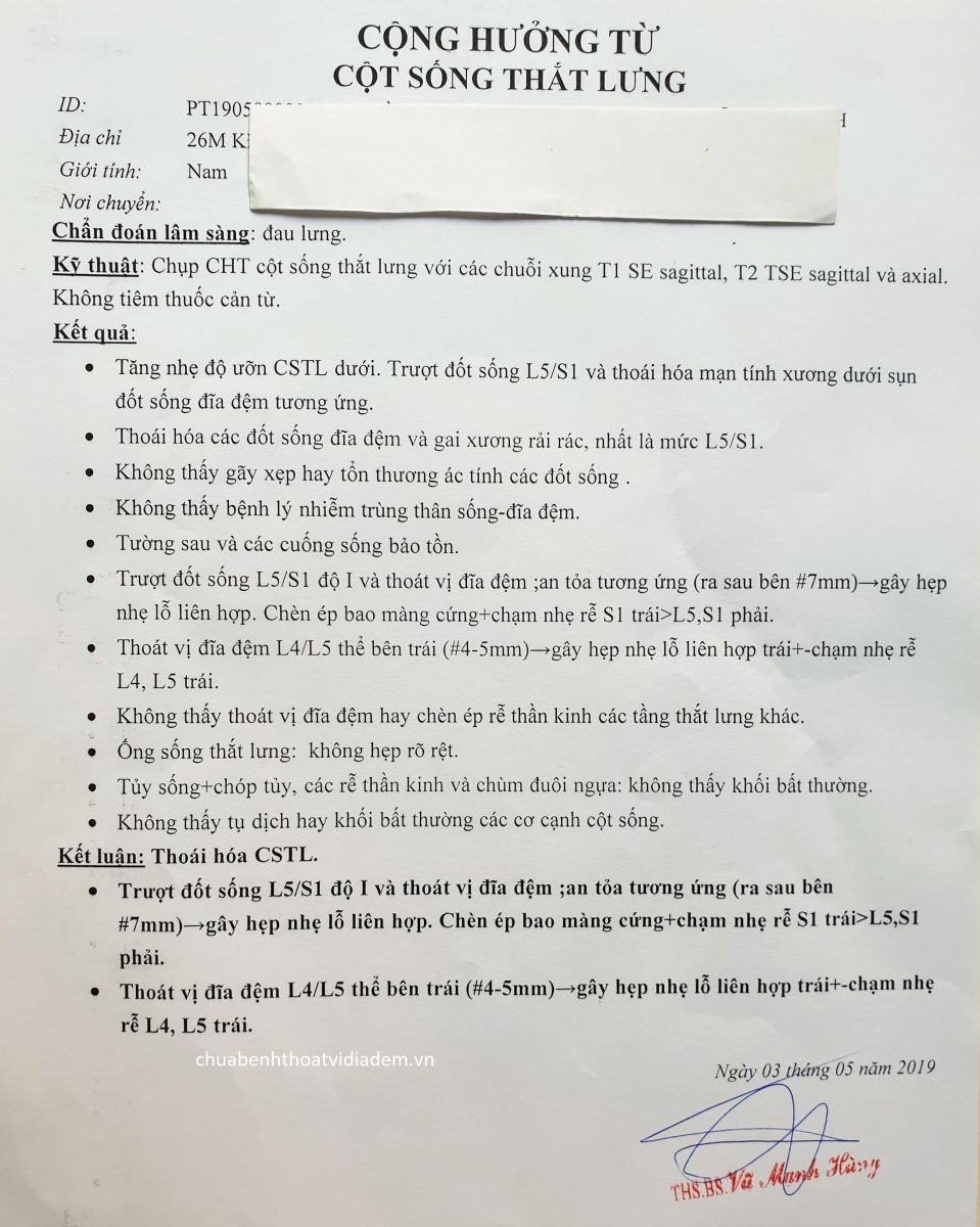 Kết quả chụp cộng hưởng từ cột sống